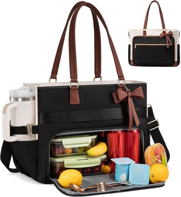 Lunch Bag, Tote Bag for Women with Insulated Lunch Compartment, Laptop Bag with Large Capacity & Cup Holder, Work Tote for Teacher, Nurse, Travel, College, Daily, Black-Beige-Brown, 15.6 Inch 15.6 Inch With Lunch Compartment