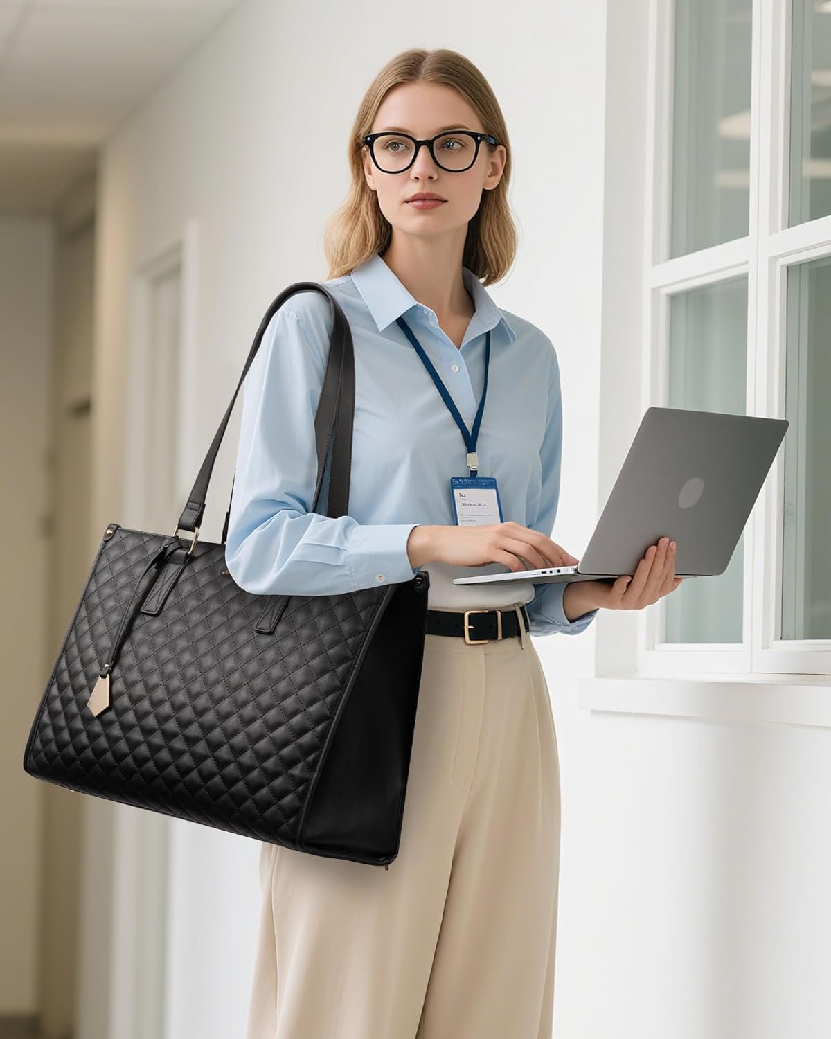 Lunch Tote Bag for Women, 15.6 Inch Laptop Bag with Insulated Lunch Compartment, Quilted Large Capacity Computer Handbag with Purse for Business, Work, Nurse, Office, Collage, Casual, Black Black - Image 6