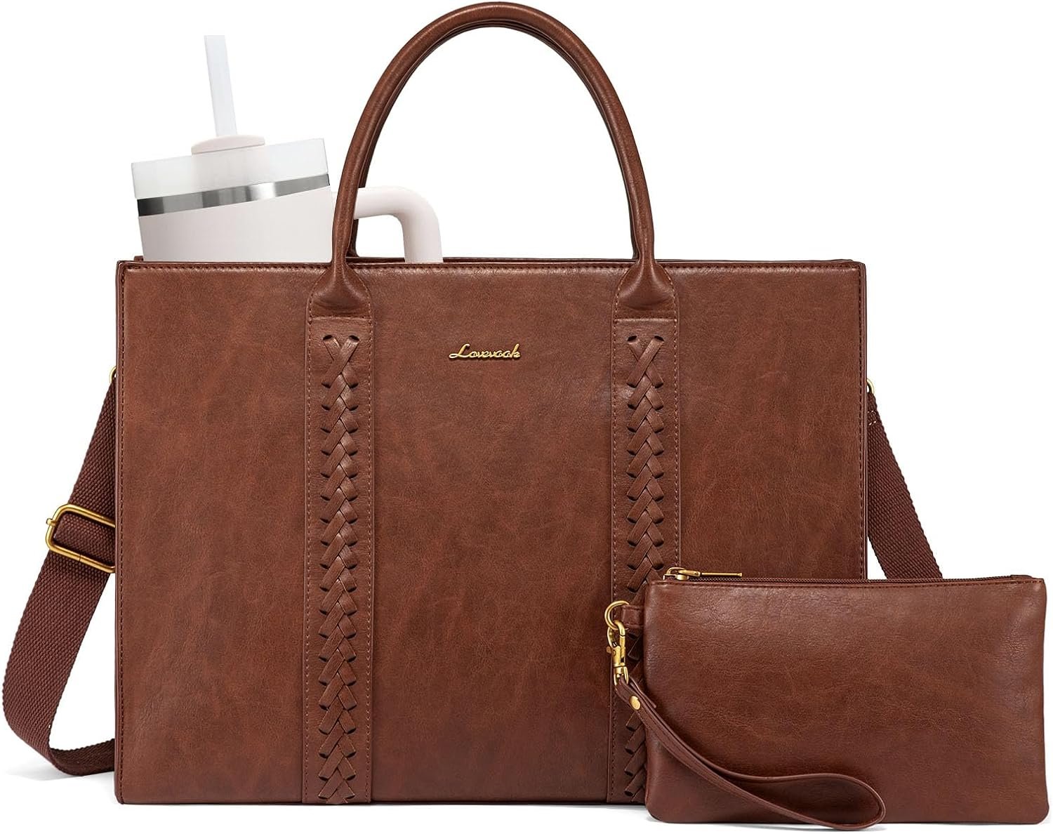 Laptop Tote Bag for Women, Vintage Leather Work Bag With Cup Holder, Waterproof Computer Purse, Professional Briefcase Office Shoulder Handbag, 15.6 Inch, Brown 15.6 Inch