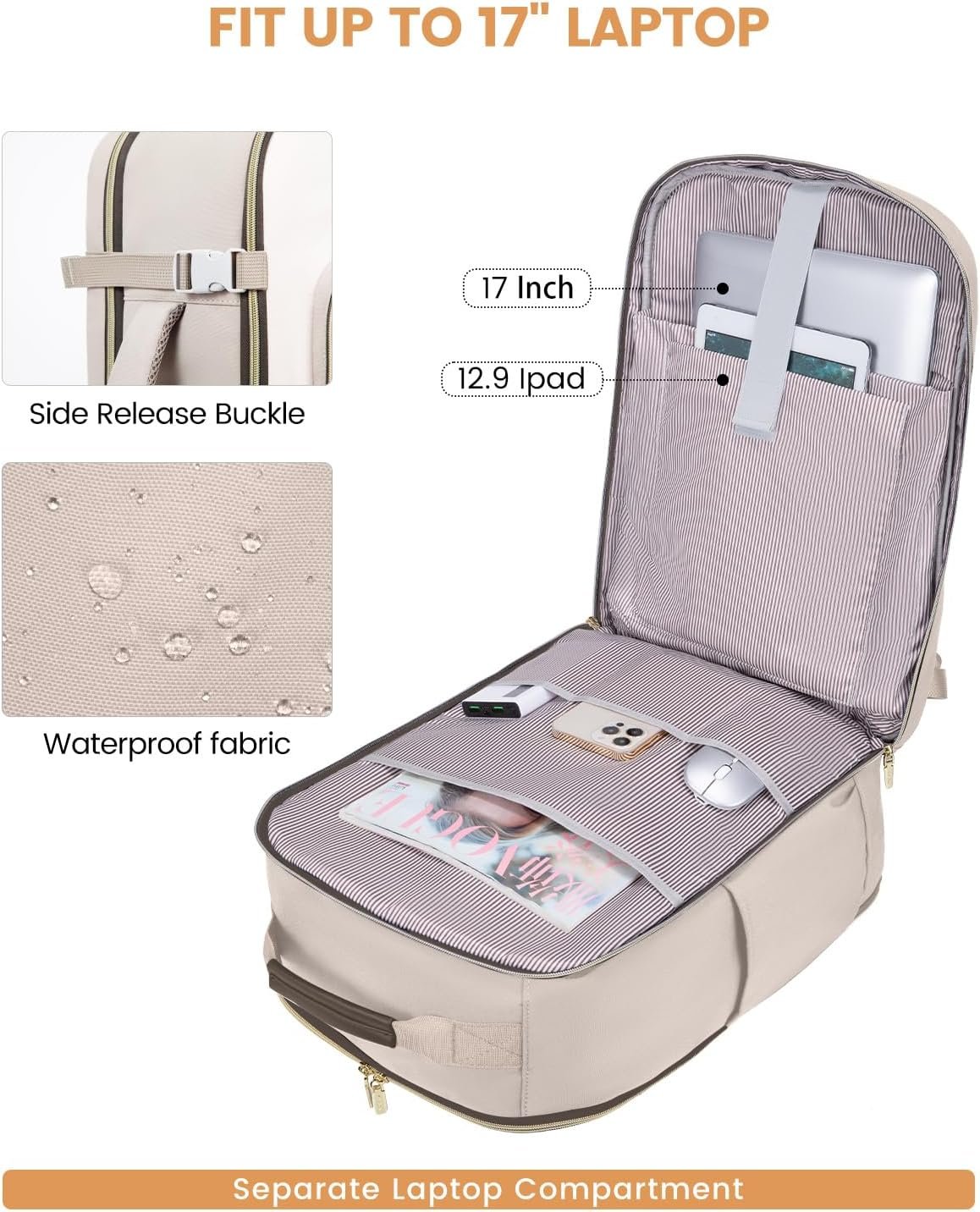 40L Travel Backpack for Women & Men, Airline Approved Carry On Luggage with 3 Packing Cubes, TSA Overnight Bags, Waterproof Personal Item Bag, Weekender Essentials Backpacks fits 17" Laptop Light Khaki-beige-coffee - Image 9