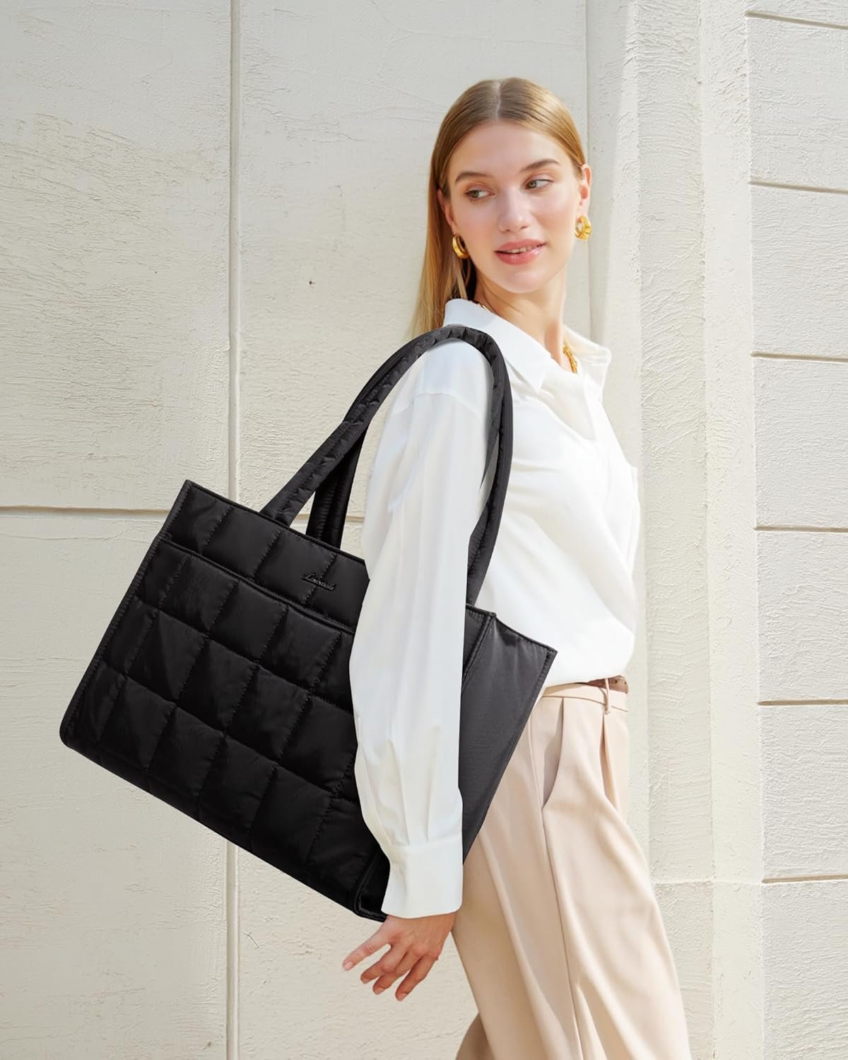 Tote Bag for Women, Puffer Work Handbag 15.6 Inch Laptop Purse for Nurse Teacher, Large Quilted Travel Tote Shoulder Bag with Zipper for College Office Clinical Gym, Black Black - Image 2