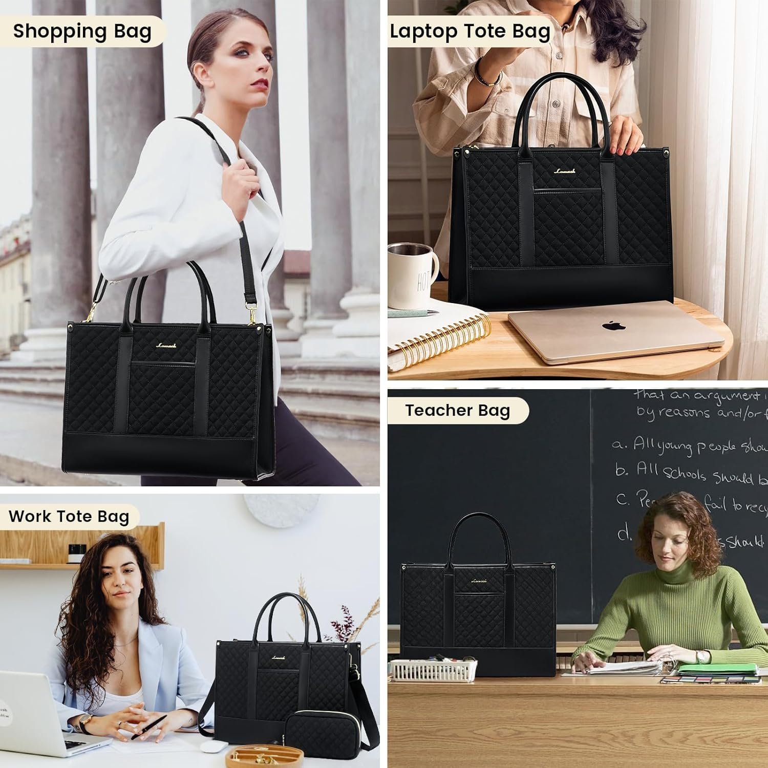 Laptop Bags for Women, 15.6 inch Waterproof Work Tote Bag with Clutch, Professional Teacher Computer Purse Lightweight Shoulder Bag Travel, Quilted Black 15.6 inch - Image 2