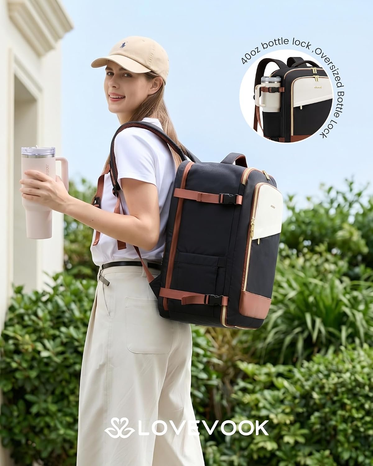 Travel Backpack for Women, 40L Carry On Backpack Flight Approved, Large Personal Item Bag Fits 17 inch Laptop, TSA Approved Luggage with 3 Packing Cubes,Waterproof Weekender Gym Daypack Black-white-brown - Image 2