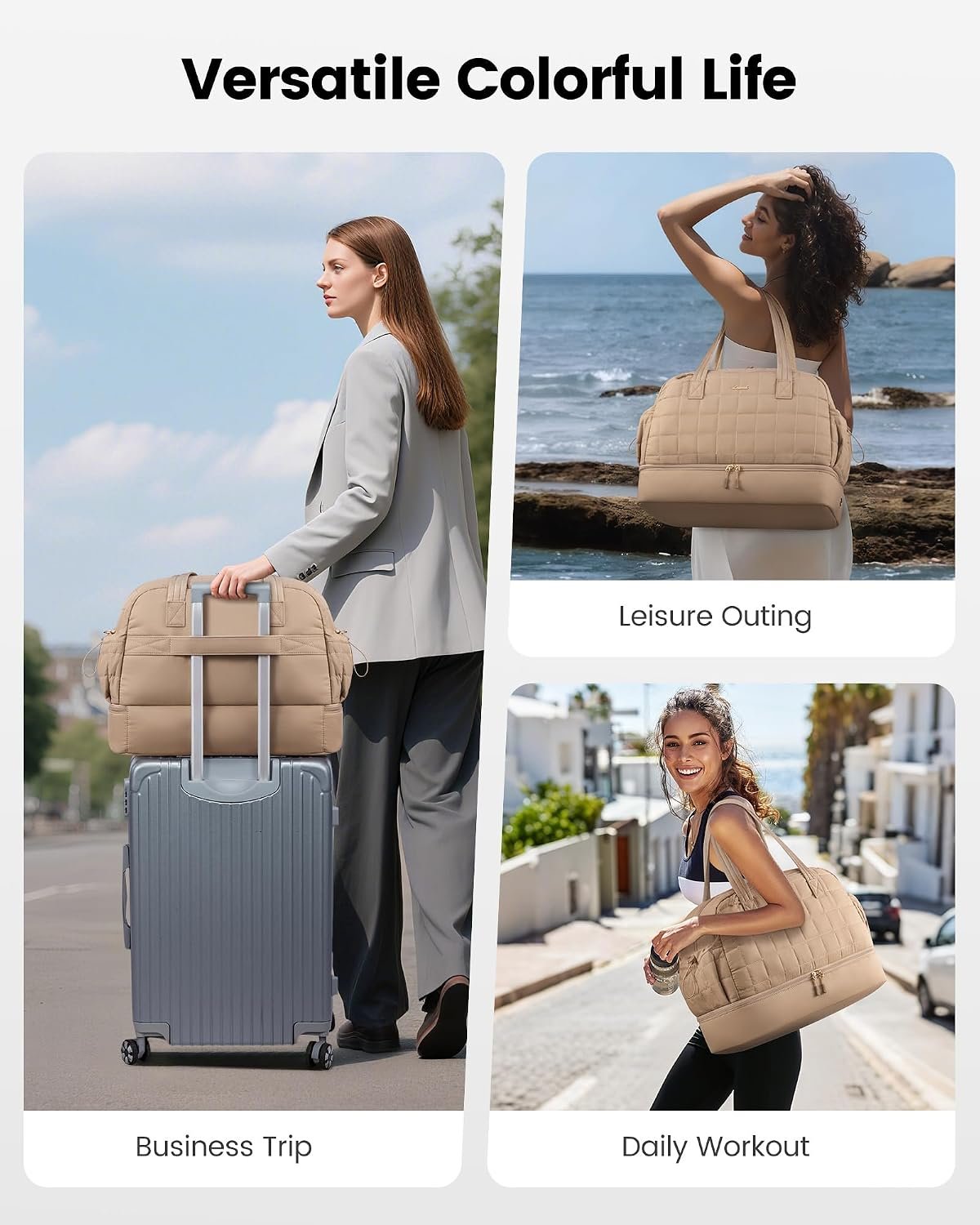 Large Travel Duffle Bag,Weekender Bags For Women with Shoe Compartment,Puffer Carry On Bags For Airplanes,Hospital Bag for Labor and Delivery,Overnight Bag With Toiletry Bag,Gym Tote Bag Khaki - Image 2