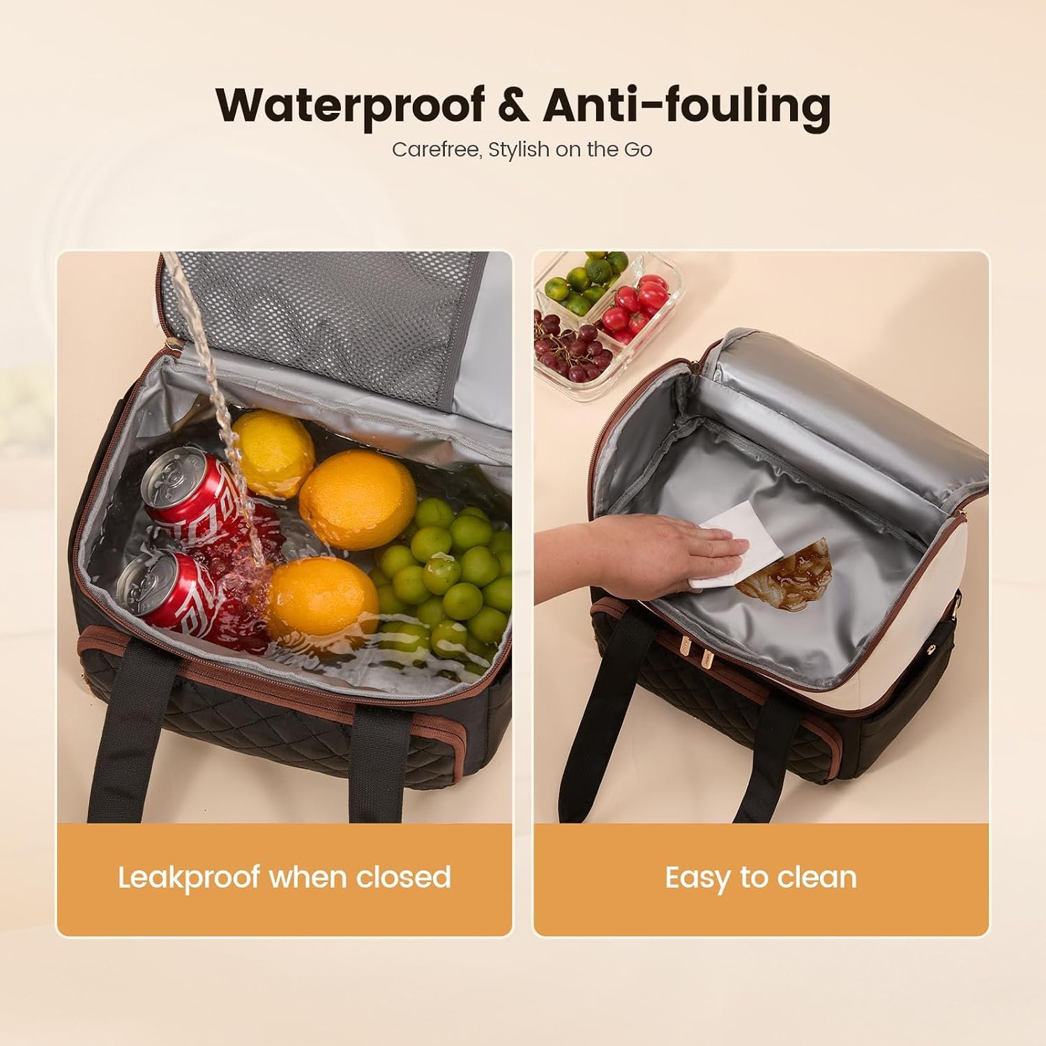 Insulated Lunch Bag for Women,Large Double Deck Adult Lunch Box,Teacher Lunch Tote Bag with Cup Holder,Leakproof Cooler Bag with Adjustable Shoulder Strap for Work Picnic Beach,Larger 15L Black with Off White with Brown - Image 6