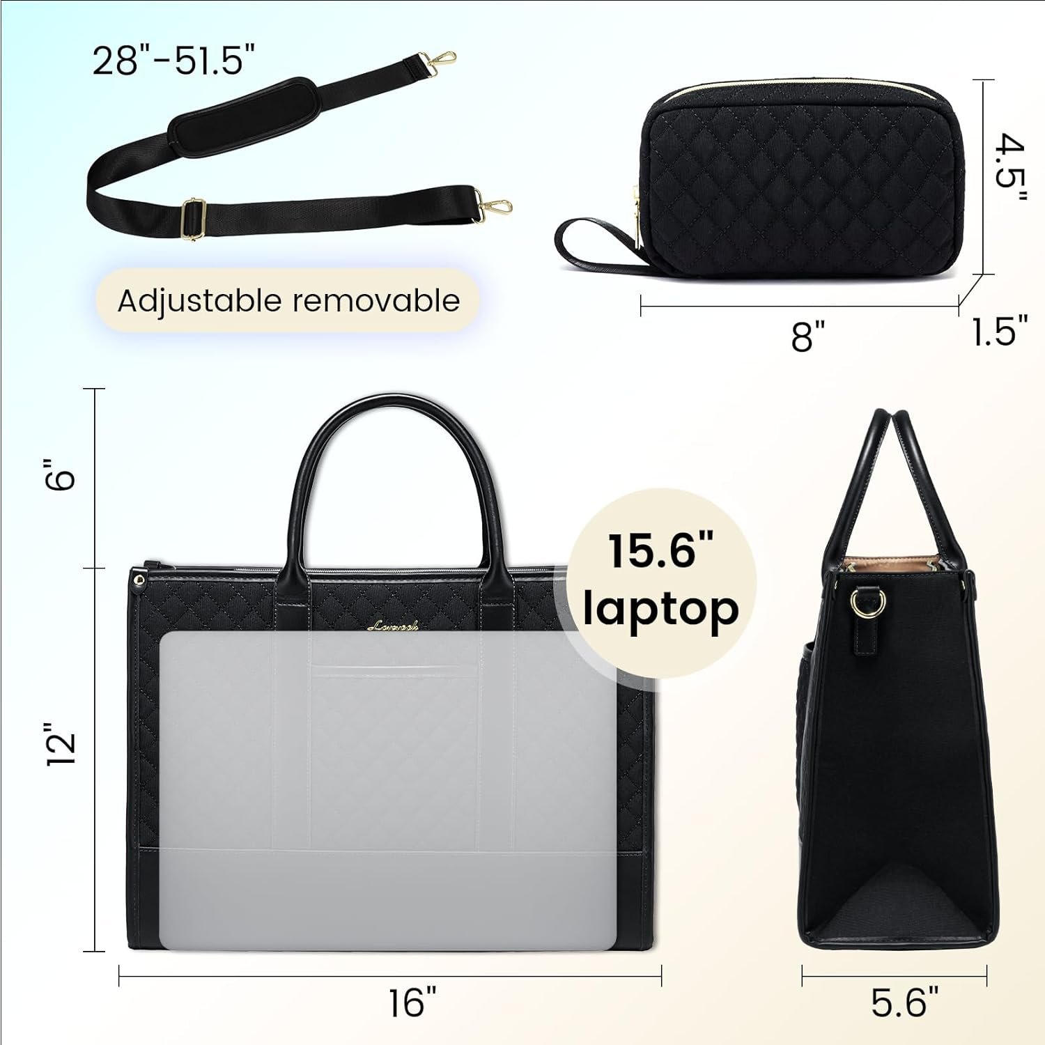 Laptop Bags for Women, 15.6 inch Waterproof Work Tote Bag with Clutch, Professional Teacher Computer Purse Lightweight Shoulder Bag Travel, Quilted Black 15.6 inch - Image 6