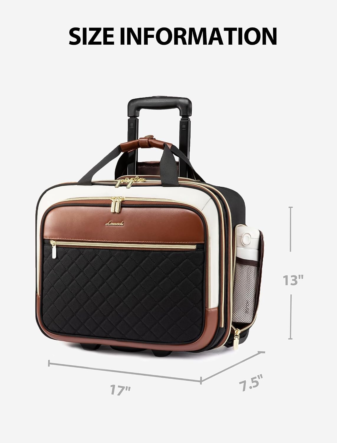 Rolling Laptop Bag Women, 17.3 Inch Laptop Briefcase with Wheels, Soft Sided Underseat Carry On Luggage Personal Item Suitcase for Work Travel Business, Black Brown Beige Black-Brown-White - Image 8