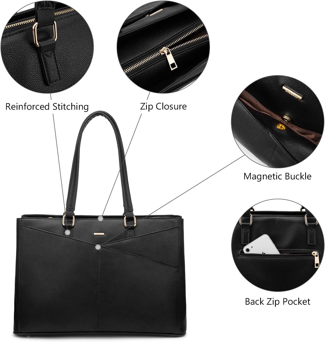 Laptop Tote Bag for Women 15.6 Inch Waterproof Leather Computer Bags Business Office Work Briefcase Black 15.6 inch - Image 8