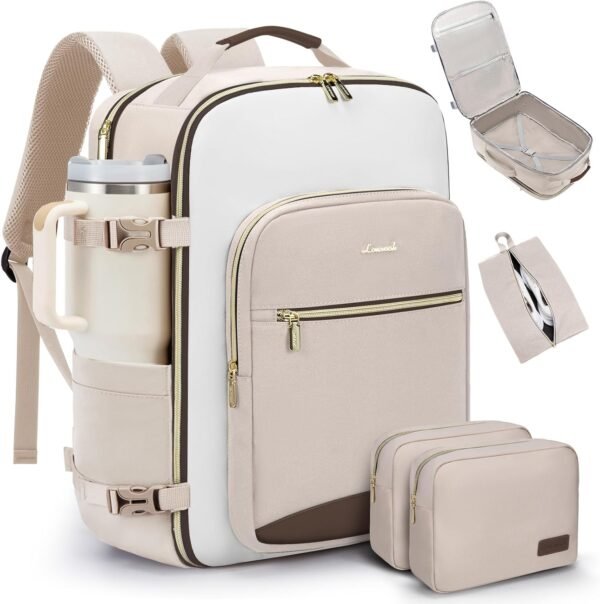 40L Travel Backpack for Women & Men, Airline Approved Carry On Luggage with 3 Packing Cubes, TSA Overnight Bags, Waterproof Personal Item Bag, Weekender Essentials Backpacks fits 17" Laptop Light Khaki-beige-coffee