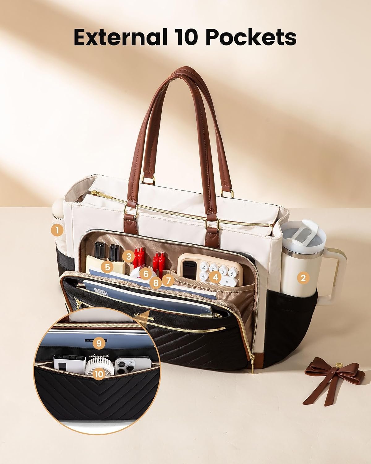 Lunch Bag, Tote Bag for Women with Insulated Lunch Compartment, Laptop Bag with Large Capacity & Cup Holder, Work Tote for Teacher, Nurse, Travel, College, Daily, Black-Beige-Brown, 17.3 Inch 17.3 Inch With Lunch Compartment - Image 4