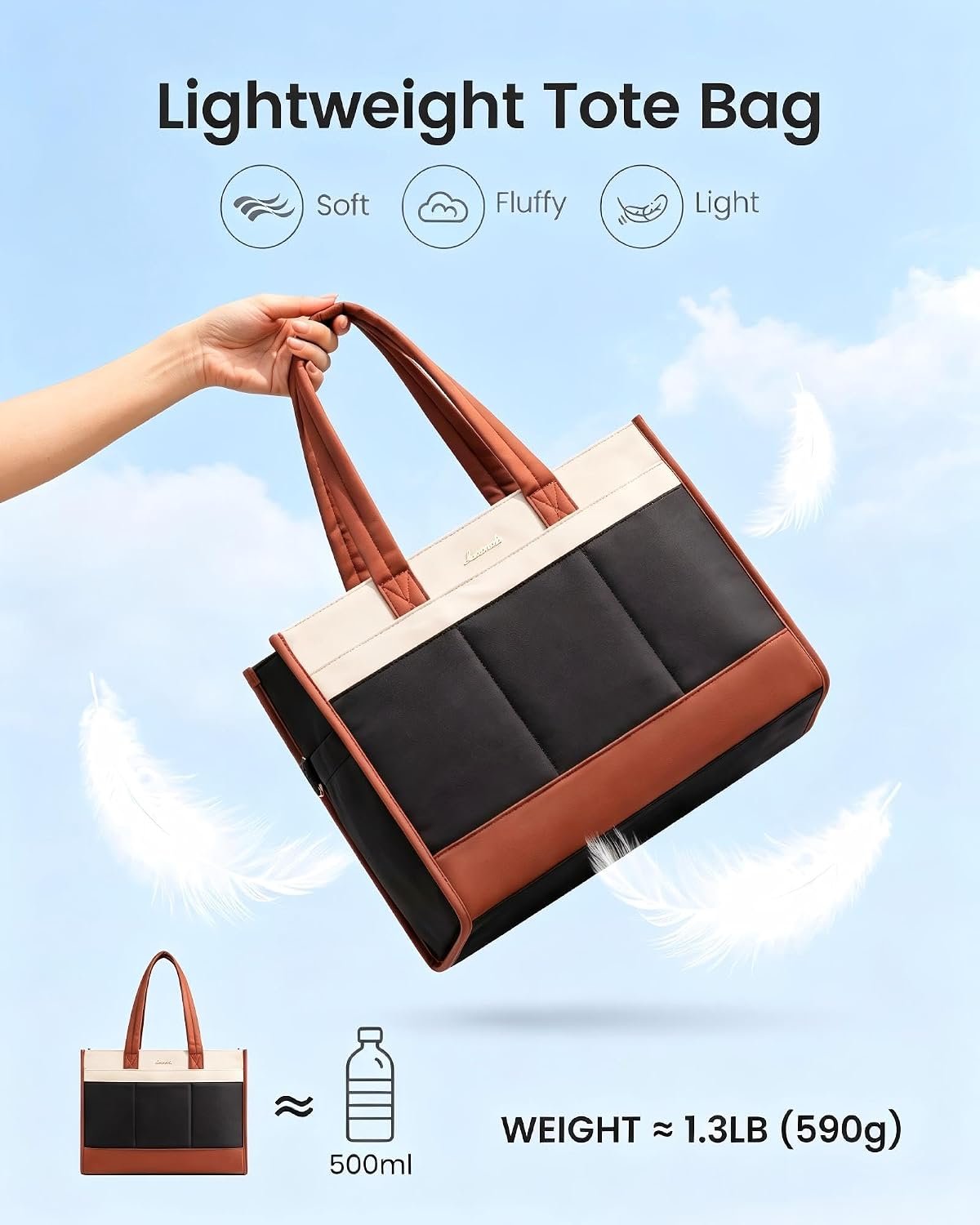Tote Bag for Women, Lightweight Puffer Work Handbag with Large Cup Holder, 15.6 Inch Laptop Computer Purse for Nurse Teacher, 25L Quilted Travel Tote Shoulder Bag for College Office Gym Cream-black-brown - Image 5