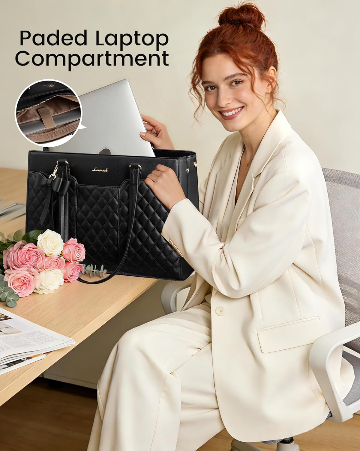 Laptop Tote Bag for Women,15.6 Inch Work Bags PU Leather Teacher Tote Bag,Waterproof Quilted Computer Bag for Office Professional Briefcase Gifts 15.6 Inch - Image 3
