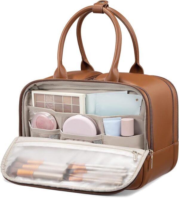 Travel Toiletry Bag for Women, Leather Large Wide-open Makeup Bag, Waterproof Cosmetic Bag Organizer for Shower, Traveling, Toiletries, Bathroom Brown