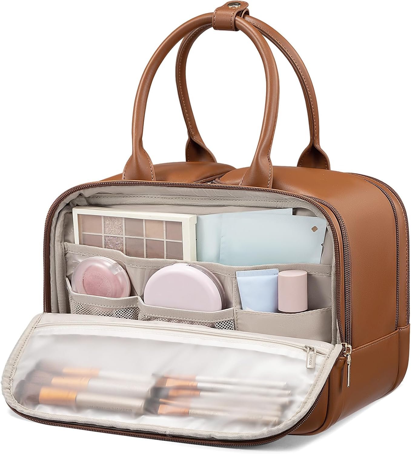 Travel Toiletry Bag for Women, Leather Large Wide-open Makeup Bag, Waterproof Cosmetic Bag Organizer for Shower, Traveling, Toiletries, Bathroom Brown