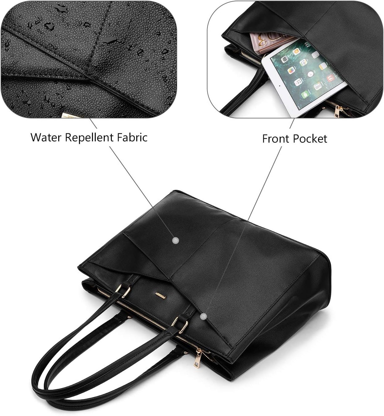 Laptop Tote Bag for Women 15.6 Inch Waterproof Leather Computer Bags Business Office Work Briefcase Black 15.6 inch - Image 4