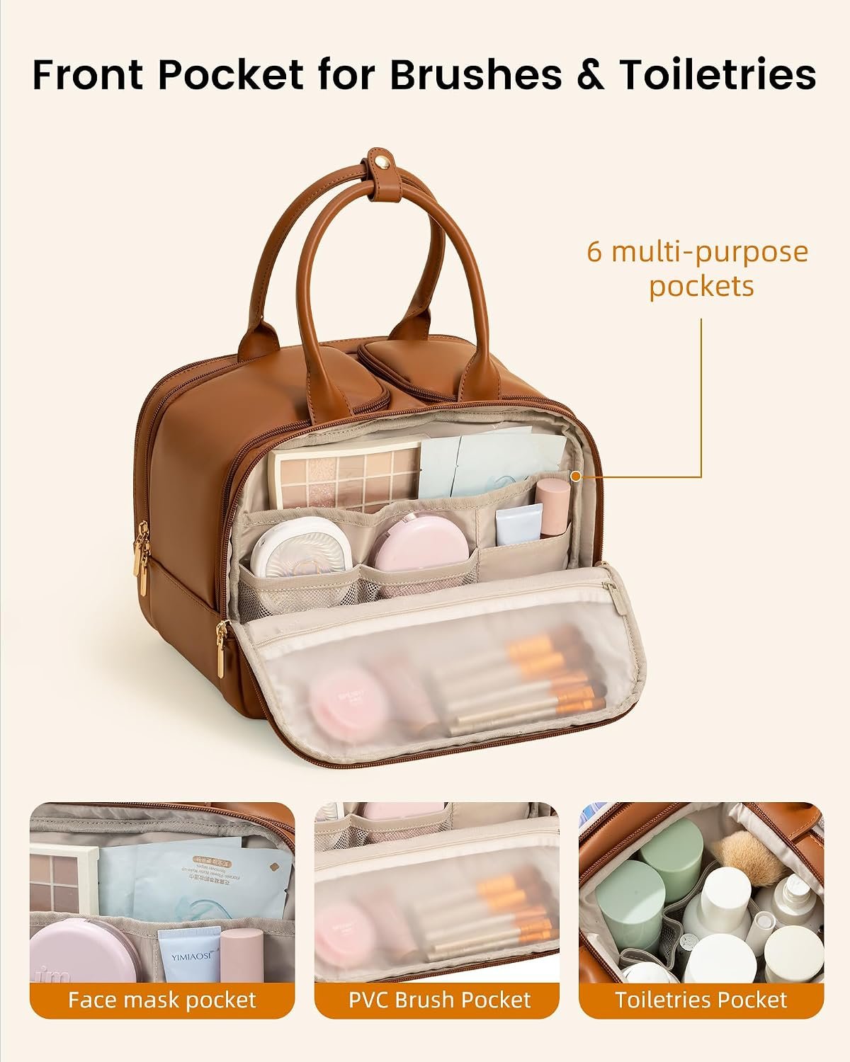 Travel Toiletry Bag for Women, Leather Large Wide-open Makeup Bag, Waterproof Cosmetic Bag Organizer for Shower, Traveling, Toiletries, Bathroom Brown - Image 4
