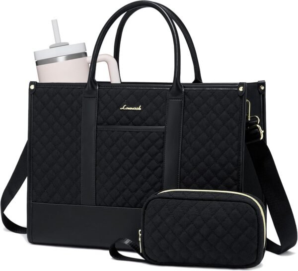Laptop Bags for Women, 15.6 inch Waterproof Work Tote Bag with Clutch, Professional Teacher Computer Purse Lightweight Shoulder Bag Travel, Quilted Black 15.6 inch