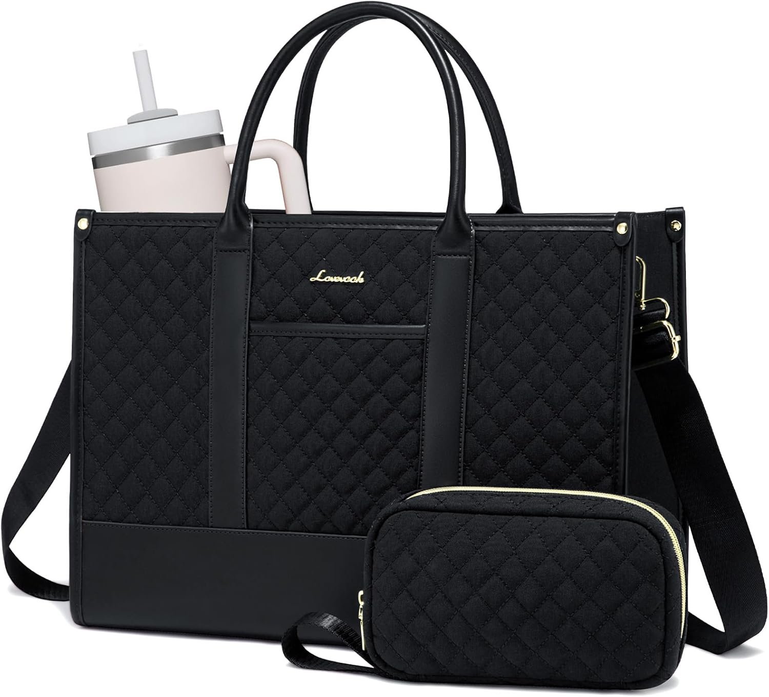 Laptop Bags for Women, 15.6 inch Waterproof Work Tote Bag with Clutch, Professional Teacher Computer Purse Lightweight Shoulder Bag Travel, Quilted Black 15.6 inch