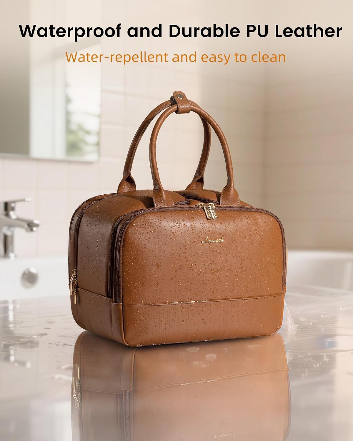 Travel Toiletry Bag for Women, Leather Large Wide-open Makeup Bag, Waterproof Cosmetic Bag Organizer for Shower, Traveling, Toiletries, Bathroom Brown - Image 5