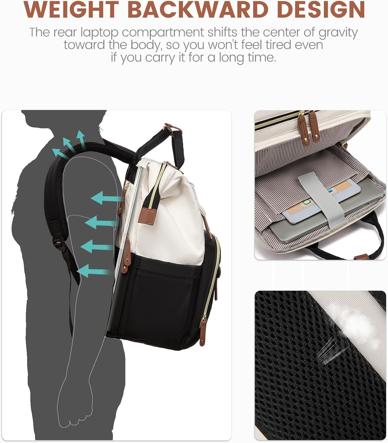 Laptop Backpack for Women, 15.6'' Waterproof Nurse Bag Teacher Work Backpack Purse for Women, Travel Computer Backpack for College Office Business Ladies Cream-black - Image 4