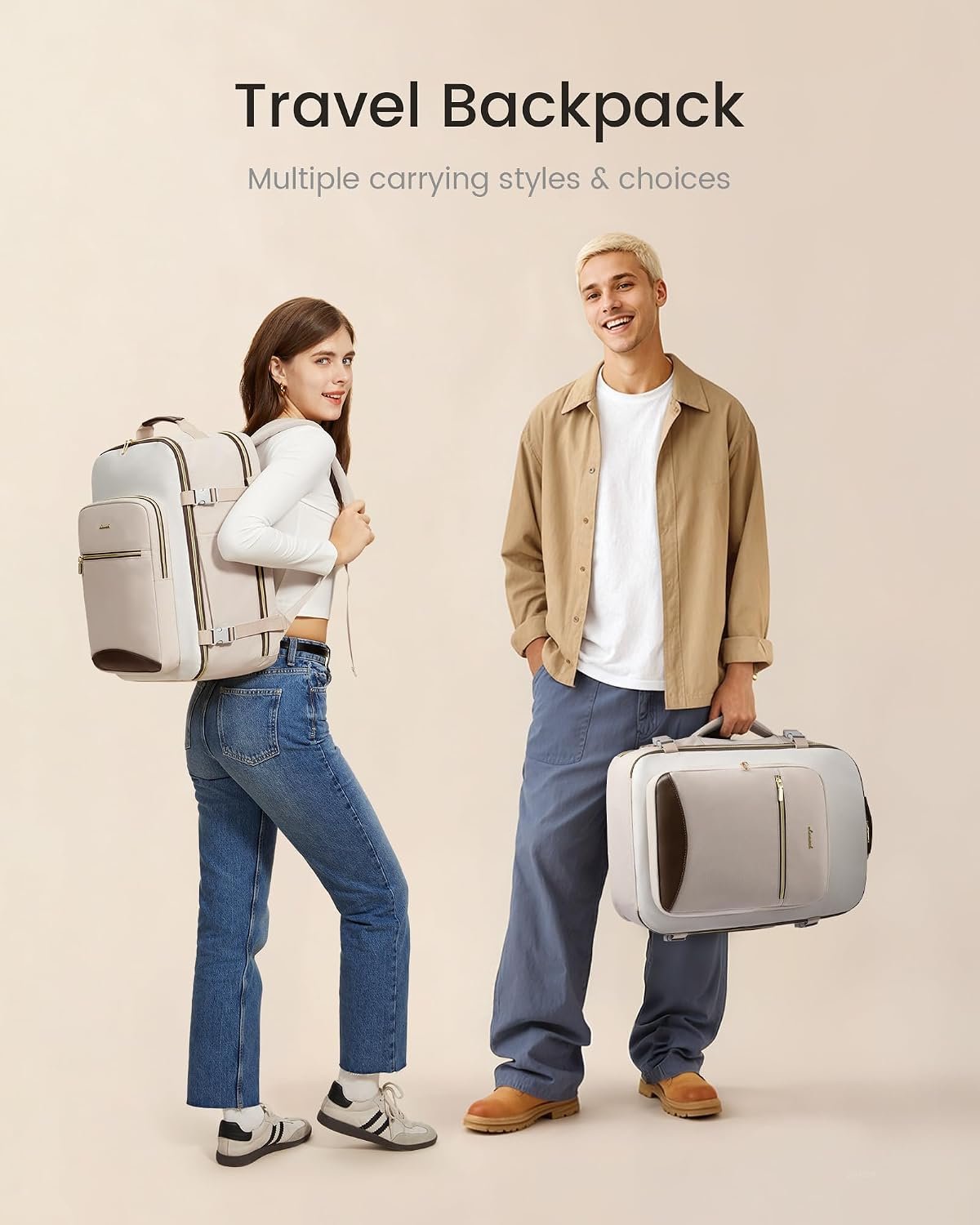40L Travel Backpack for Women & Men, Airline Approved Carry On Luggage with 3 Packing Cubes, TSA Overnight Bags, Waterproof Personal Item Bag, Weekender Essentials Backpacks fits 17" Laptop Light Khaki-beige-coffee - Image 7