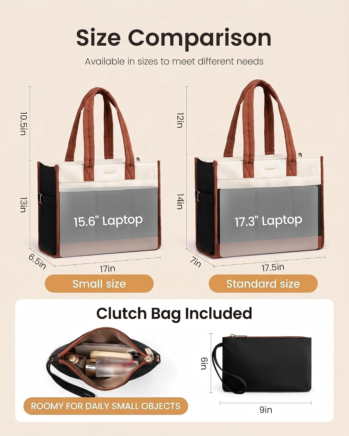 Tote Bag for Women, Lightweight Puffer Work Handbag with Large Cup Holder, 15.6 Inch Laptop Computer Purse for Nurse Teacher, 25L Quilted Travel Tote Shoulder Bag for College Office Gym Cream-black-brown - Image 9