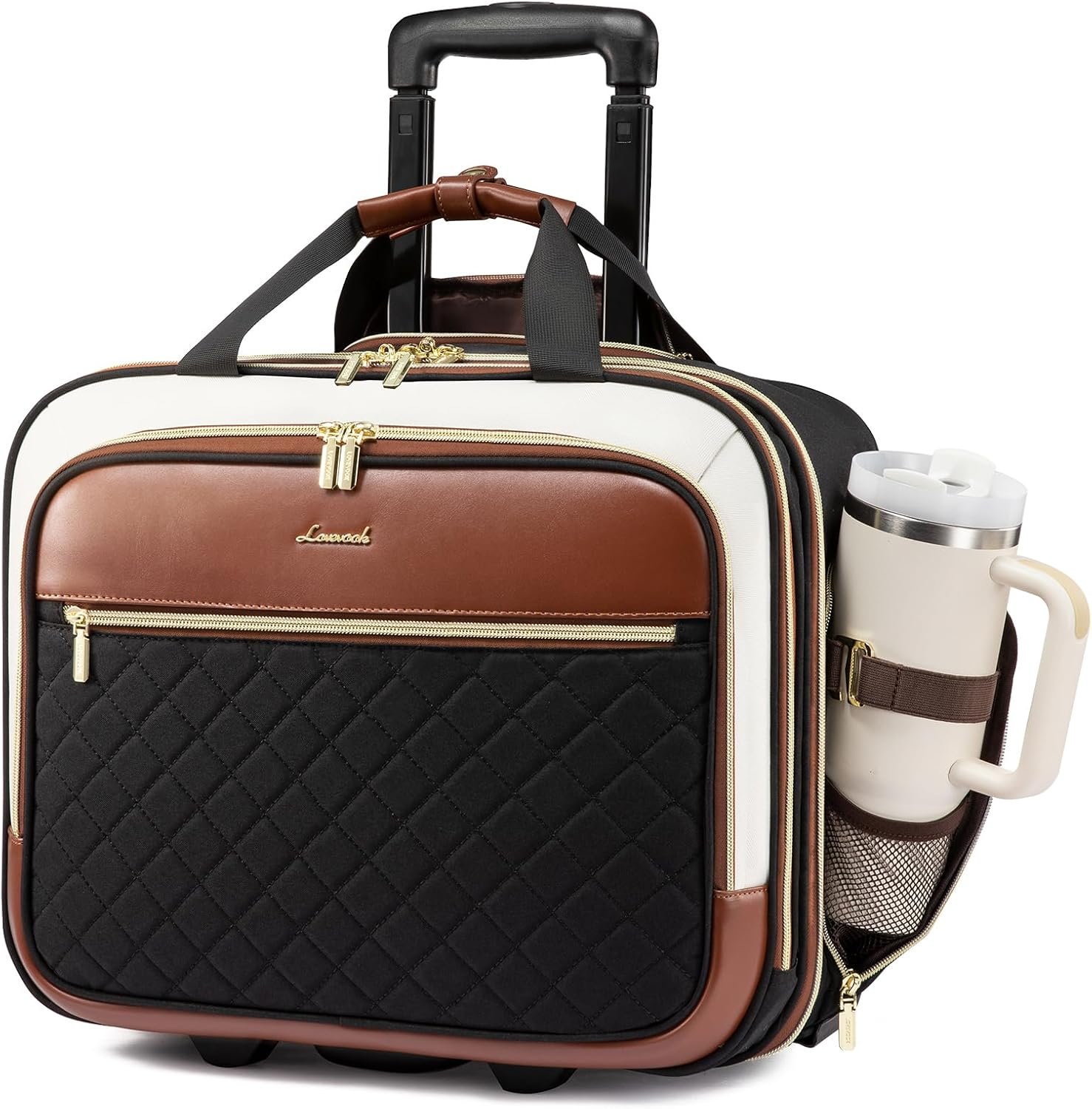 Rolling Laptop Bag Women, 17.3 Inch Laptop Briefcase with Wheels, Soft Sided Underseat Carry On Luggage Personal Item Suitcase for Work Travel Business, Black Brown Beige Black-Brown-White