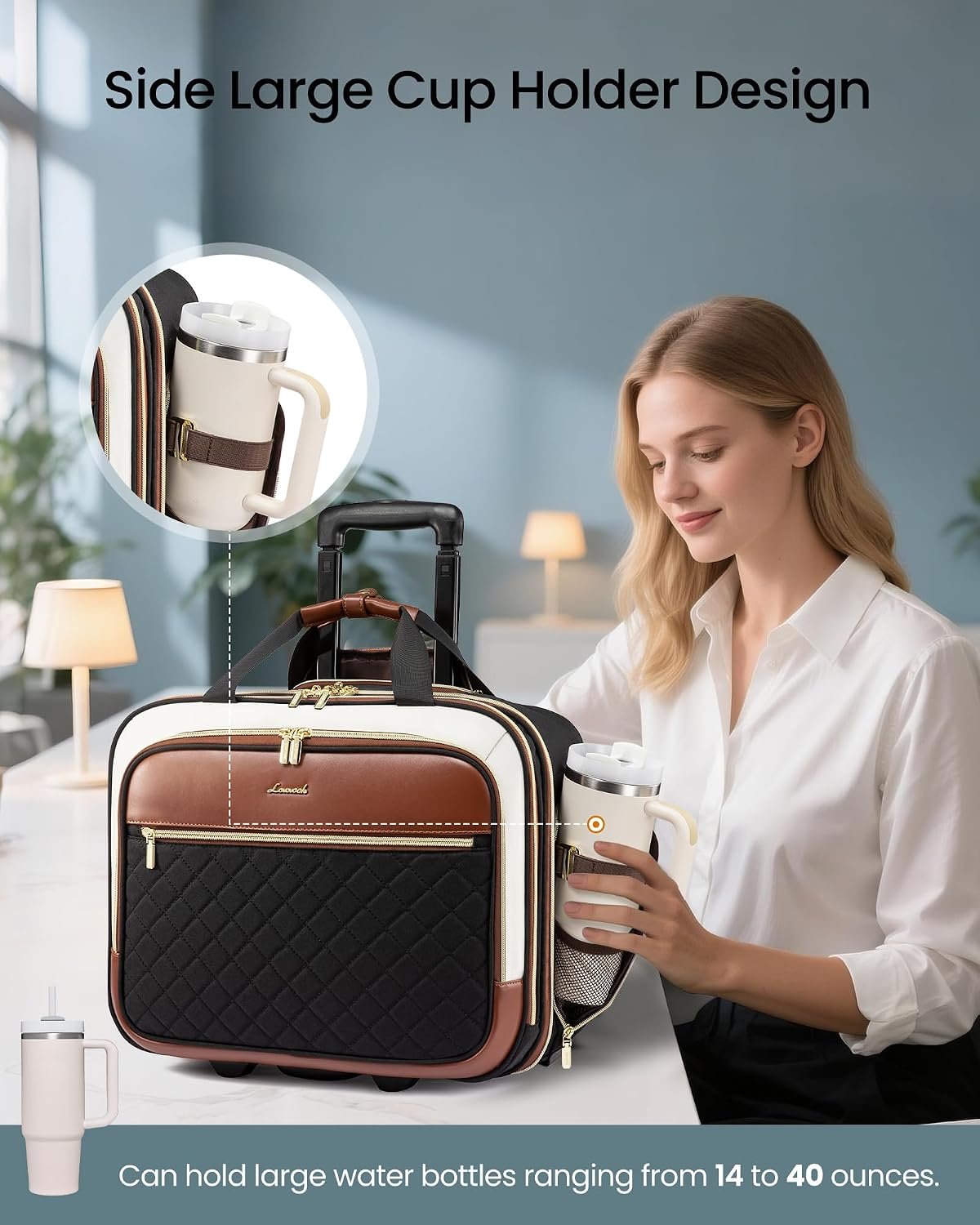 Rolling Laptop Bag Women, 17.3 Inch Laptop Briefcase with Wheels, Soft Sided Underseat Carry On Luggage Personal Item Suitcase for Work Travel Business, Black Brown Beige Black-Brown-White - Image 3