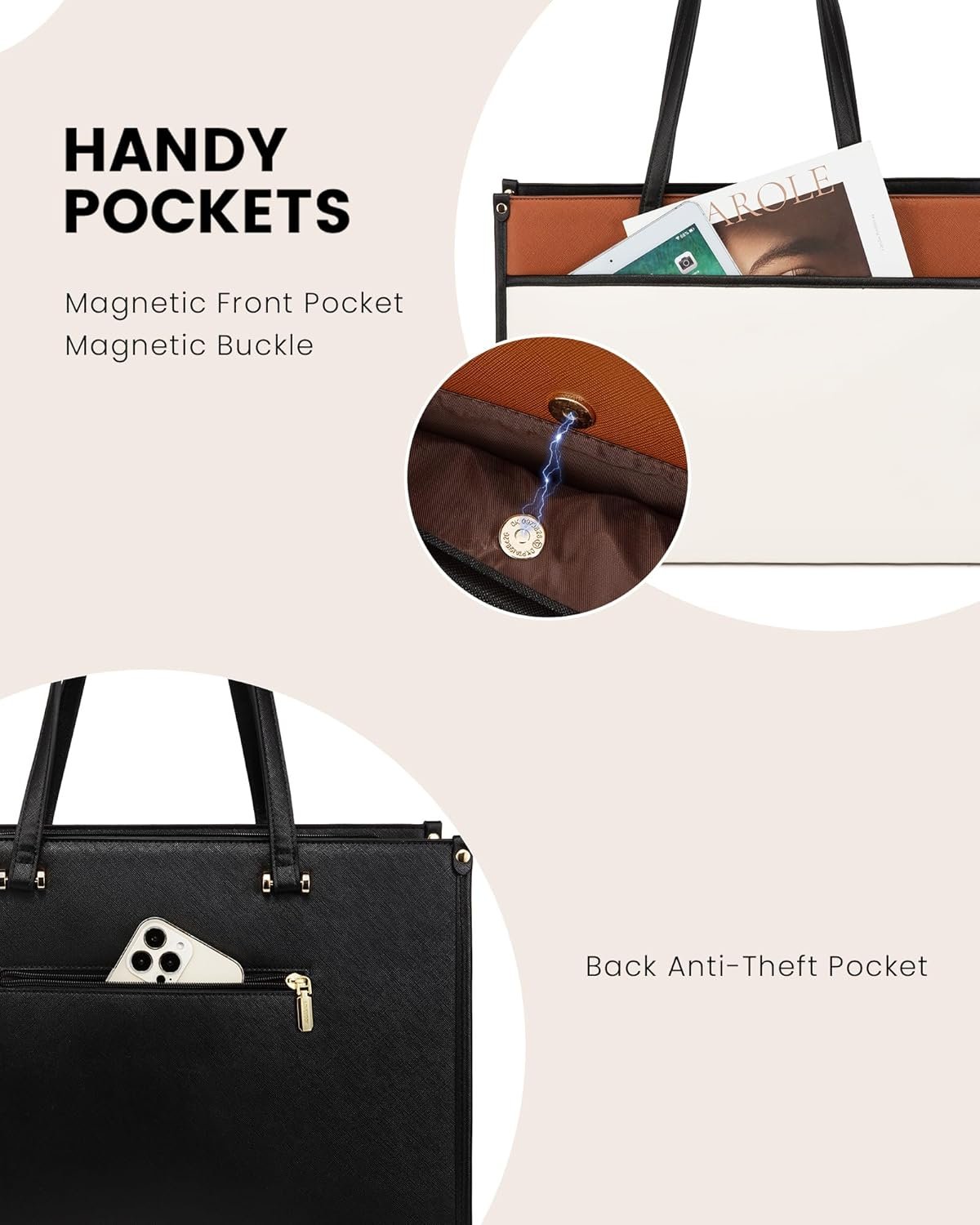 Laptop Bag for Women, 15.6'' Laptop Tote Purse 2-in-1 Professional Work Bag Business Briefcase with Clutch Purse, Waterproof Leather Computer Handbag for Teacher Office Travel Black White Brown - Image 6