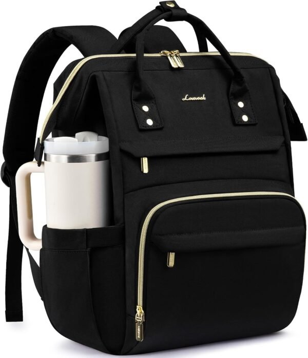 Laptop Backpack for Women with Giant Tumbler Holder Pocket,15.6 inch Waterproof Travel Backpack Purse Computer Laptop Bag,Professional Work College Nurse Teacher Backpack Casual Daypack,Black 15.6-Cup