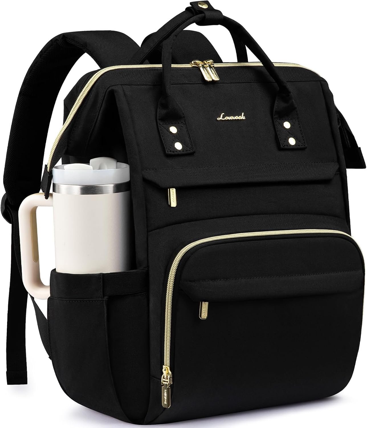Laptop Backpack for Women with Giant Tumbler Holder Pocket,15.6 inch Waterproof Travel Backpack Purse Computer Laptop Bag,Professional Work College Nurse Teacher Backpack Casual Daypack,Black 15.6-Cup