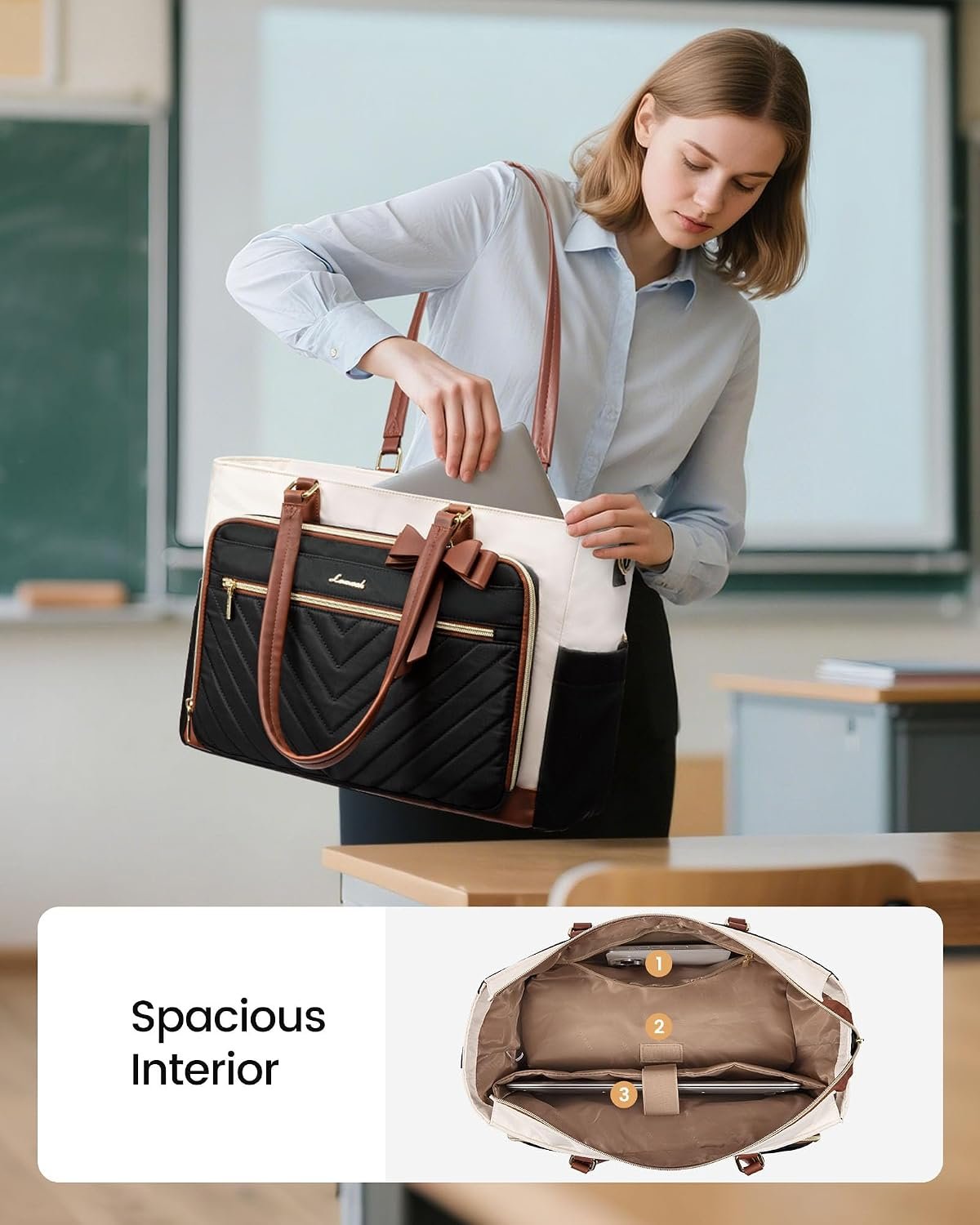 Lunch Bag, Tote Bag for Women with Insulated Lunch Compartment, Laptop Bag with Large Capacity & Cup Holder, Work Tote for Teacher, Nurse, Travel, College, Daily, Black-Beige-Brown, 17.3 Inch 17.3 Inch With Lunch Compartment - Image 3