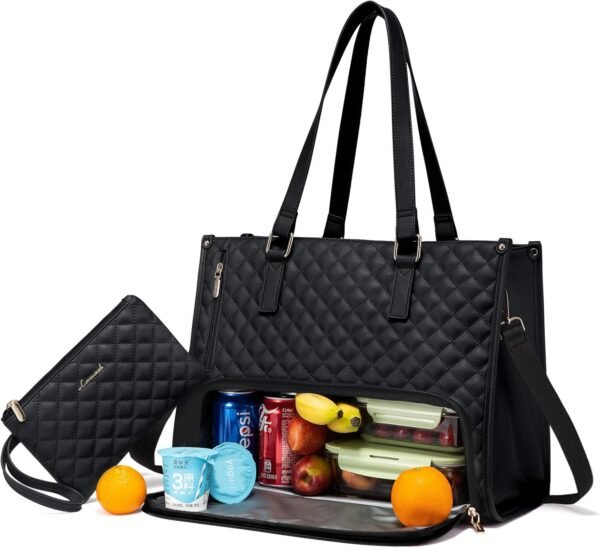 Lunch Tote Bag for Women, 15.6 Inch Laptop Bag with Insulated Lunch Compartment, Quilted Large Capacity Computer Handbag with Purse for Business, Work, Nurse, Office, Collage, Casual, Black Black