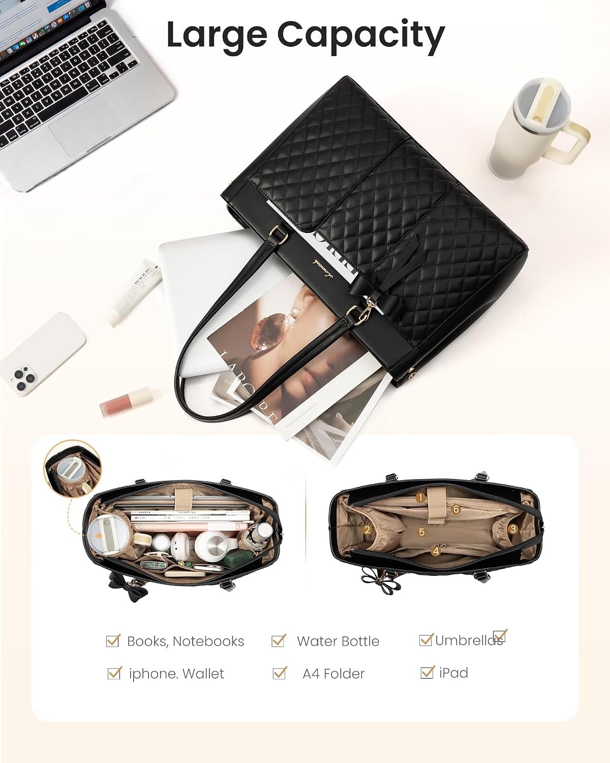 Laptop Tote Bag for Women,15.6 Inch Work Bags PU Leather Teacher Tote Bag,Waterproof Quilted Computer Bag for Office Professional Briefcase Gifts 15.6 Inch - Image 5