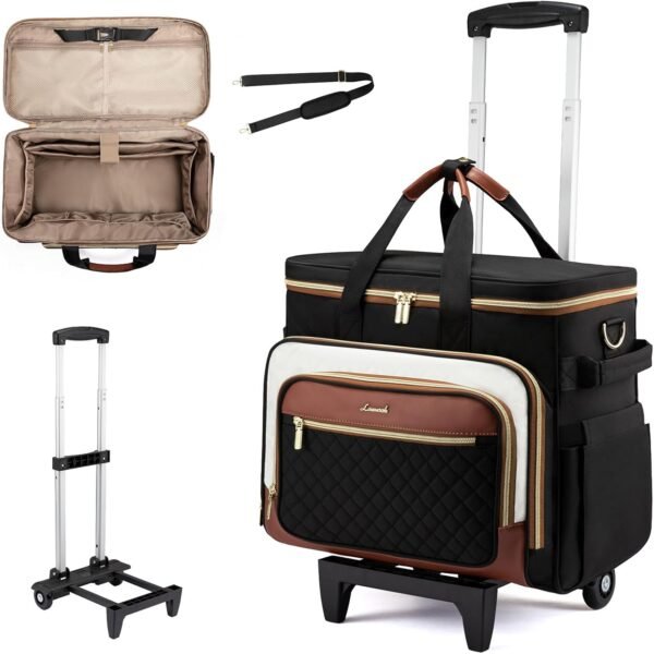 Rolling Teacher Bag with Detachable Dolly and Laptop Compartment, Large Rolling Tote Bag fits for 17.3" Laptop for Teacher Office Work Craft Nurse, Quilted-Black-beige-brown Quilted-Black-beige-brown