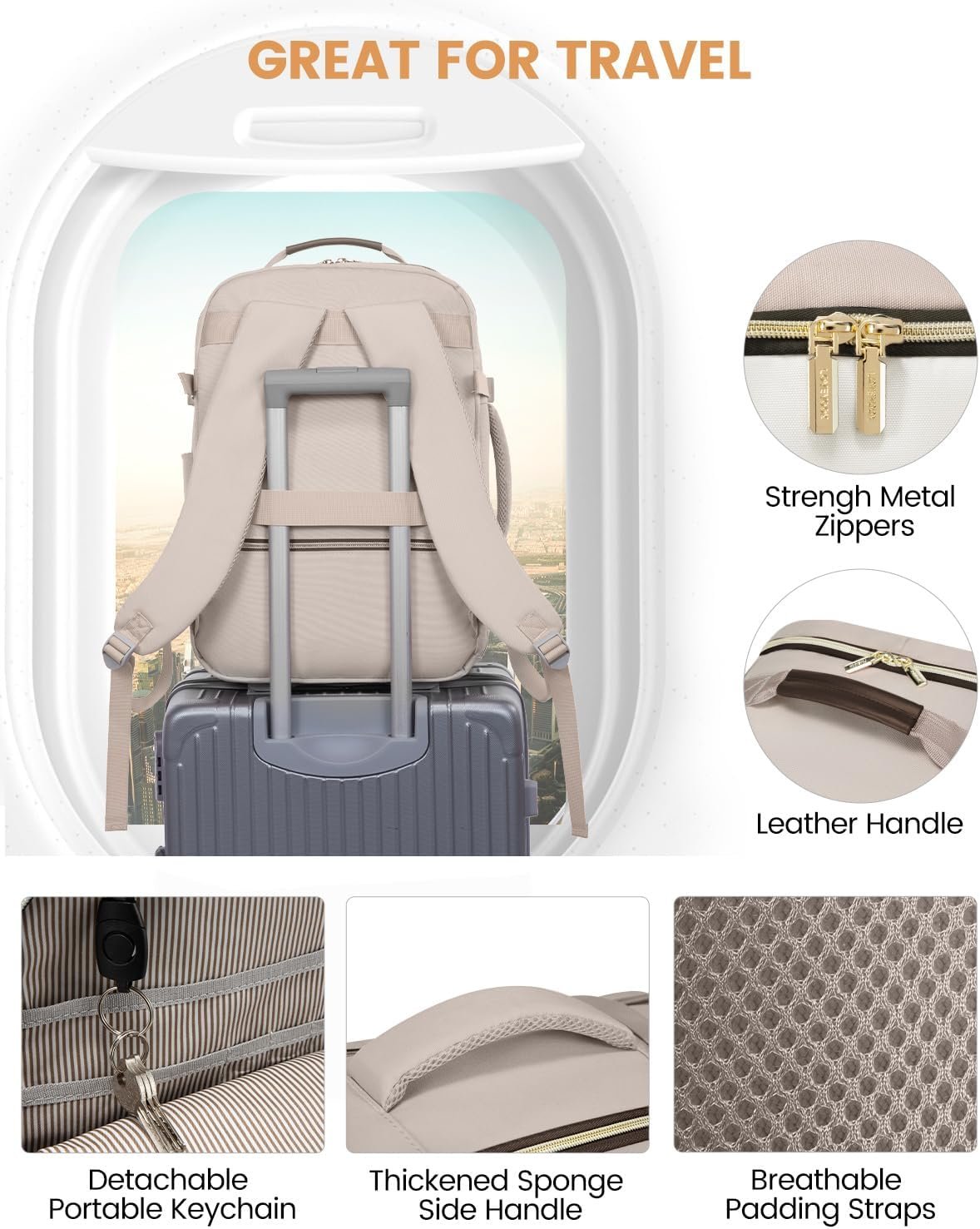 40L Travel Backpack for Women & Men, Airline Approved Carry On Luggage with 3 Packing Cubes, TSA Overnight Bags, Waterproof Personal Item Bag, Weekender Essentials Backpacks fits 17" Laptop Light Khaki-beige-coffee - Image 8