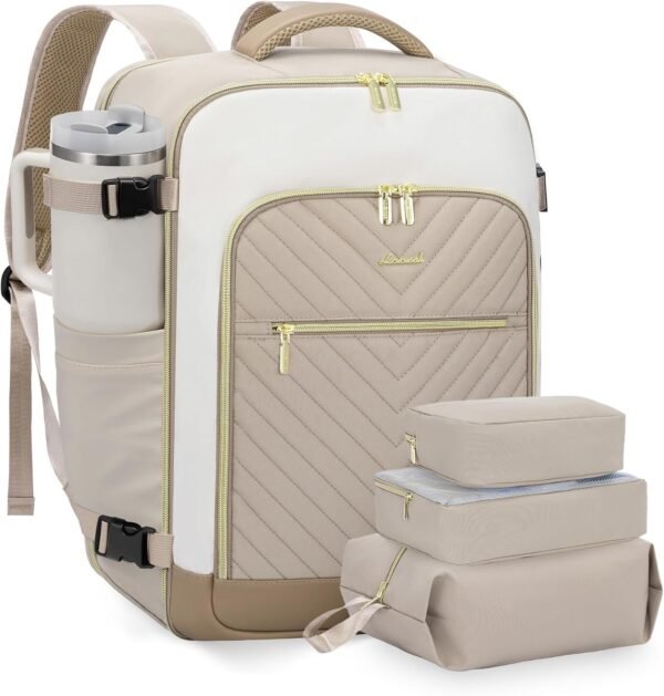 Large Travel Backpack for Women, TSA Carry on Backpack for Airplanes, 40L Personal Item Travel Bag for Women fits 17" Laptop,Waterproof Carry on Bag Airplane Approved with 3 Packing Cubes Khaki - Beige - Abricot