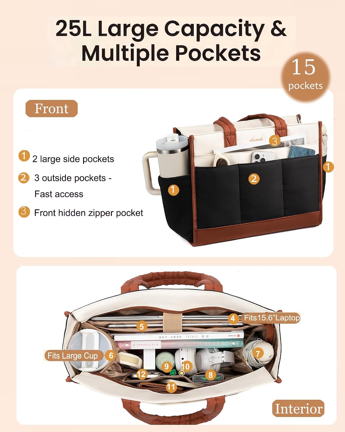 Tote Bag for Women, Lightweight Puffer Work Handbag with Large Cup Holder, 15.6 Inch Laptop Computer Purse for Nurse Teacher, 25L Quilted Travel Tote Shoulder Bag for College Office Gym Cream-black-brown - Image 3