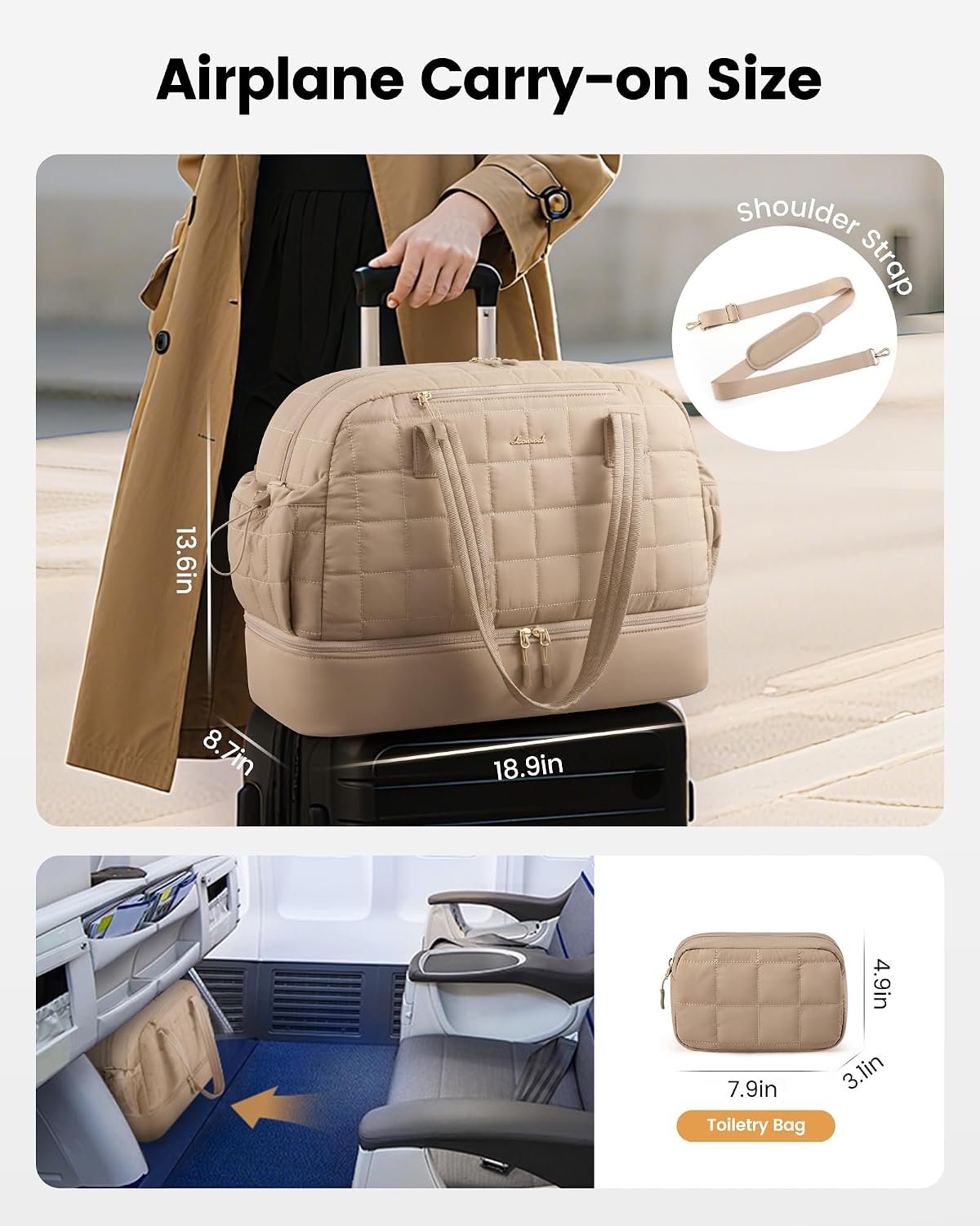 Large Travel Duffle Bag,Weekender Bags For Women with Shoe Compartment,Puffer Carry On Bags For Airplanes,Hospital Bag for Labor and Delivery,Overnight Bag With Toiletry Bag,Gym Tote Bag Khaki - Image 5