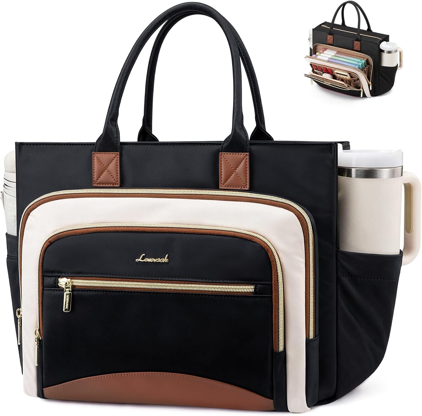 Work Tote Bags for Women,Laptop Tote Bag for Women With Large Cup Holder,Teacher Nurse Bags With Accordion File Organizer Pocket,Multi-Pockets Professional Briefcase Business Purses Handbag 15.6 inch