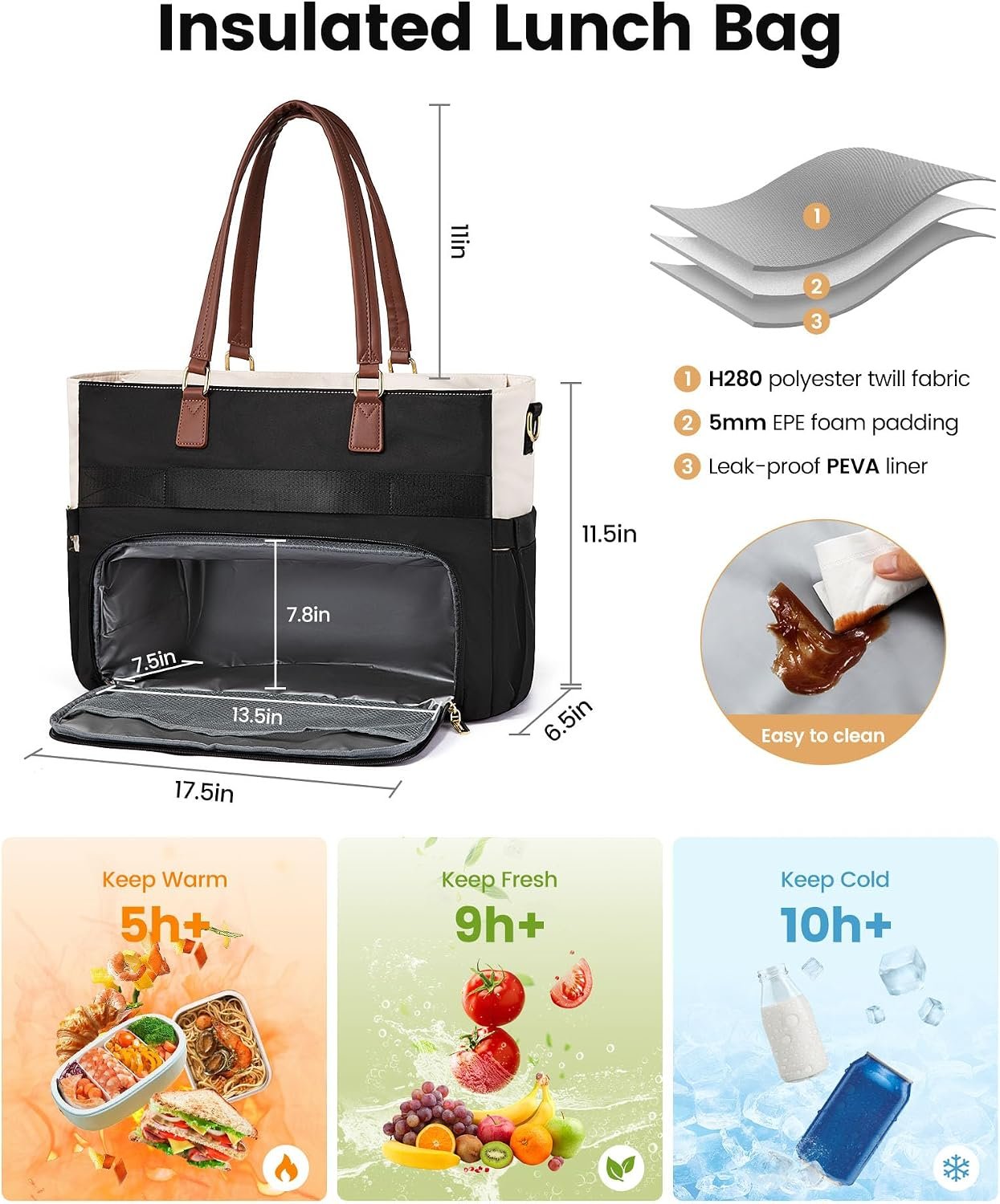 Lunch Bag, Tote Bag for Women with Insulated Lunch Compartment, Laptop Bag with Large Capacity & Cup Holder, Work Tote for Teacher, Nurse, Travel, College, Daily, Black-Beige-Brown, 15.6 Inch 15.6 Inch With Lunch Compartment - Image 5