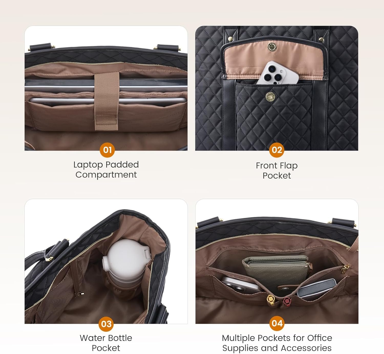 Laptop Tote Bag for Women 15.6 Inch,Waterproof Computer Bag for Laptop for Womens,Quilted Travel Work Tote Bags for Women,Stylish Laptop Bag Purse with Luggage Sleeve for Teacher,Nurse,Office 15.6 Inch - Image 4