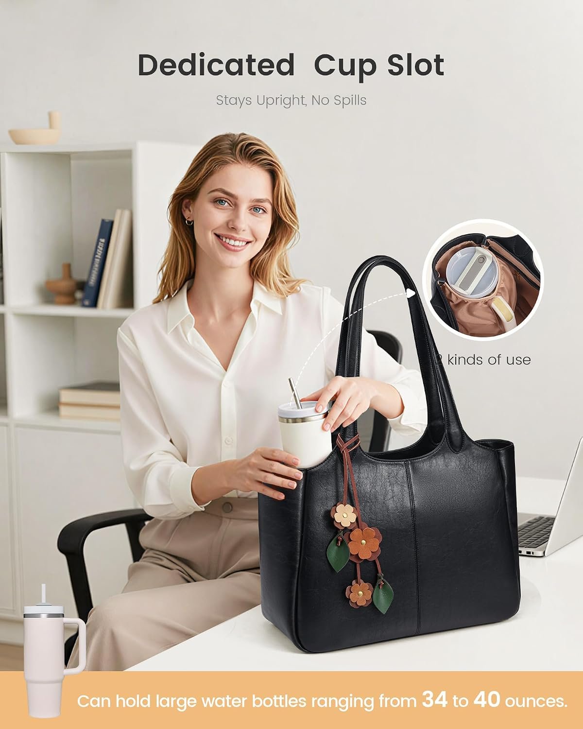 Tote Bag for Women, Leather Vintage Work Bag with 40oz Cup Holder,Nurse Teacher Shoulder Bag,Roomy,6 Pockets Black - Image 3