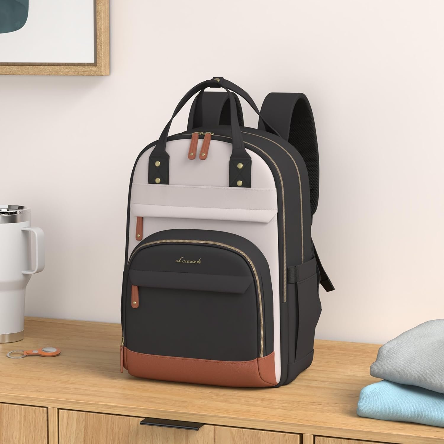 Laptop Backpack Women with Giant Tumbler Holder,15.6 inch Waterproof Work Travel Backpack Computer Laptop Bag,Cute College Nurse Teacher Backpack Purse,Gifts for Women & Men,Beige-Black-Brown Beige-black-brown - Image 2
