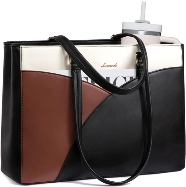 Laptop Bag for Women, Waterproof Leather Tote Bag, Computer Bags Business Office Work Briefcase Handbag Black-white-brown