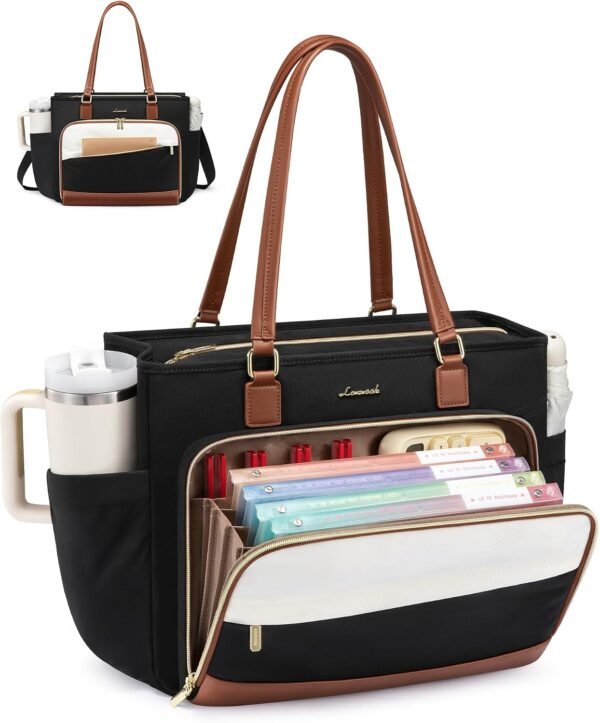 Laptop Bag for Women, Teacher Tote Bag with Large Cup Holder & Accordion File Area, Work Tote Bag for Business Black-beige-brown