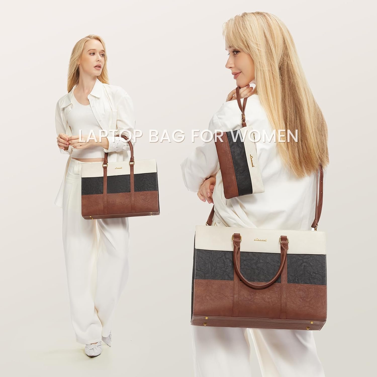 Laptop Bag for Women, 15.6 Inch Work Bags for Women, Vintage Leather Laptop Tote Bag, Waterproof Computer Bags with Clutch Purse, Large Capacity Briefcase, Business Office Handbag for Work Black - Brown - Beige - Image 2