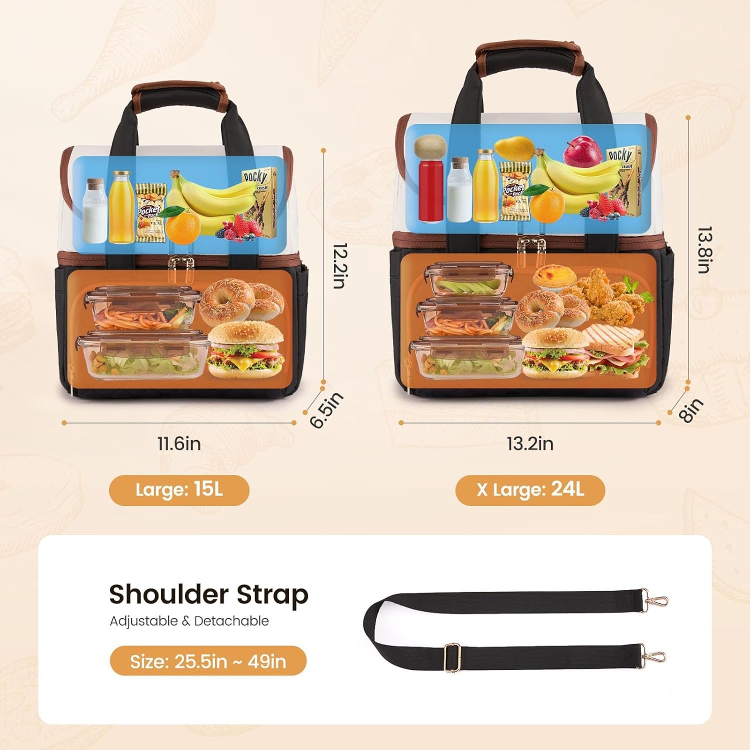 Insulated Lunch Bag for Women,Large Double Deck Adult Lunch Box,Teacher Lunch Tote Bag with Cup Holder,Leakproof Cooler Bag with Adjustable Shoulder Strap for Work Picnic Beach,Larger 15L Black with Off White with Brown - Image 7