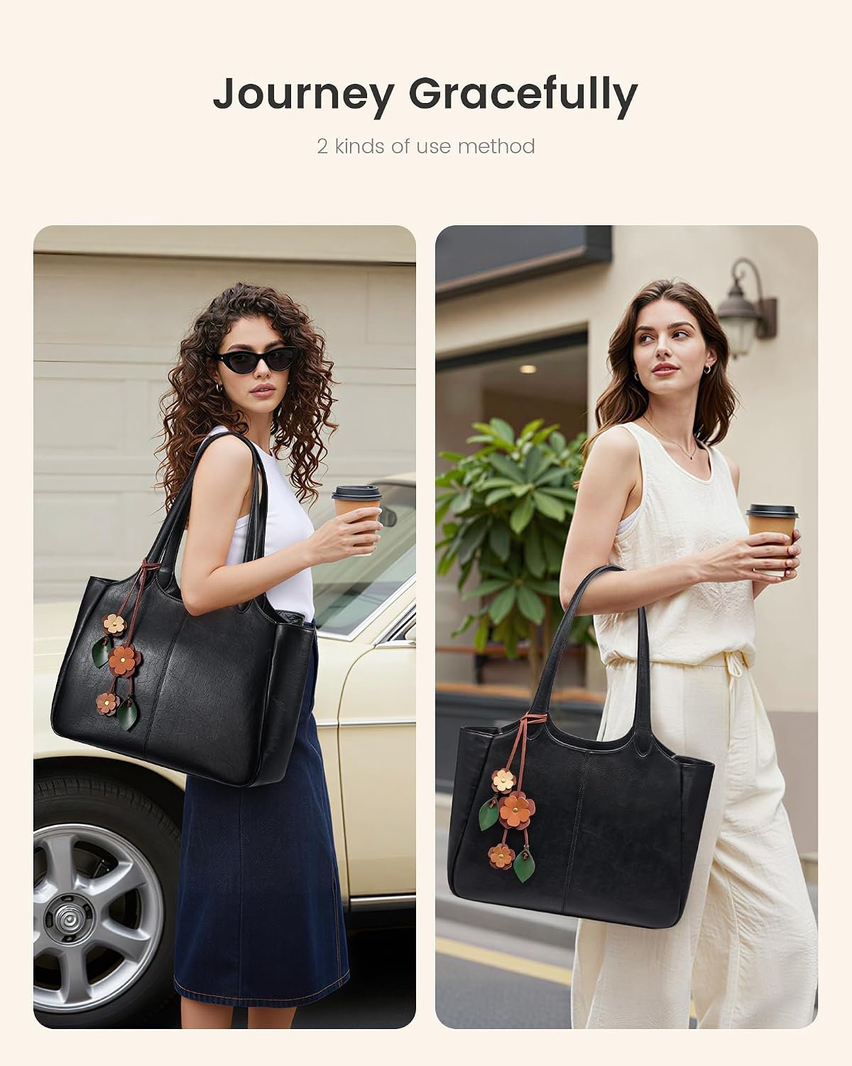 Tote Bag for Women, Leather Vintage Work Bag with 40oz Cup Holder,Nurse Teacher Shoulder Bag,Roomy,6 Pockets Black - Image 2