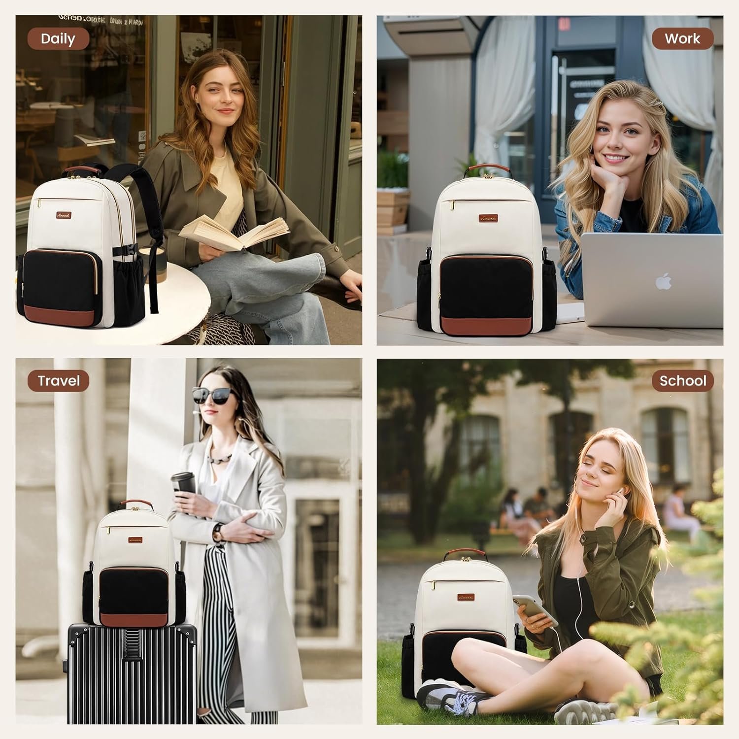 Laptop Backpack for Women with Pouch Pocket for Large Capacity Cup,15.6 Inch Laptop Computer Bag Travel Backpack Purse,Waterproof Work Business Backpack College Teacher Bags,Beige-Black-Brown Beige - Black - Chestnut Brown - Image 7